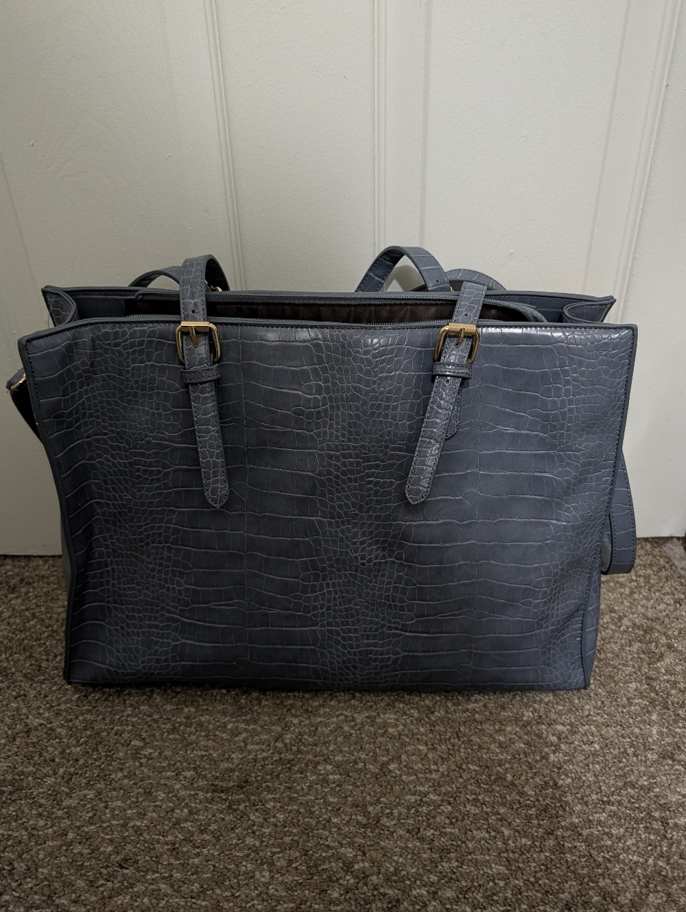 Lovevook Lap Top Tote Croc-Embossed Leather Tote Bag in Blue -